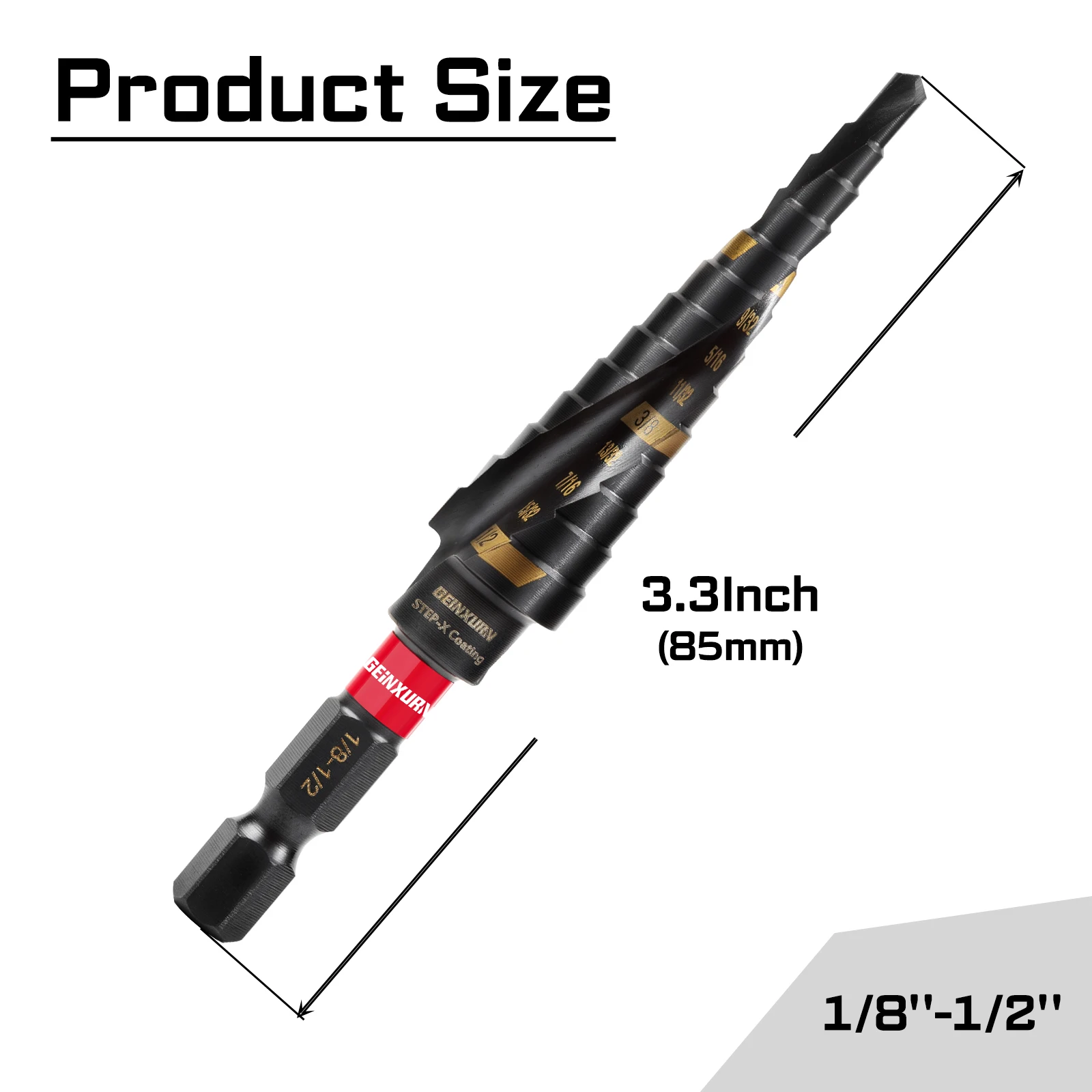 Geinxurn 1/8"-1/2" Titanium Step Drill Bit Set, Spiral Flute Fast Chip Removal & Quick Release Shank for Metal, Wood, Plastic