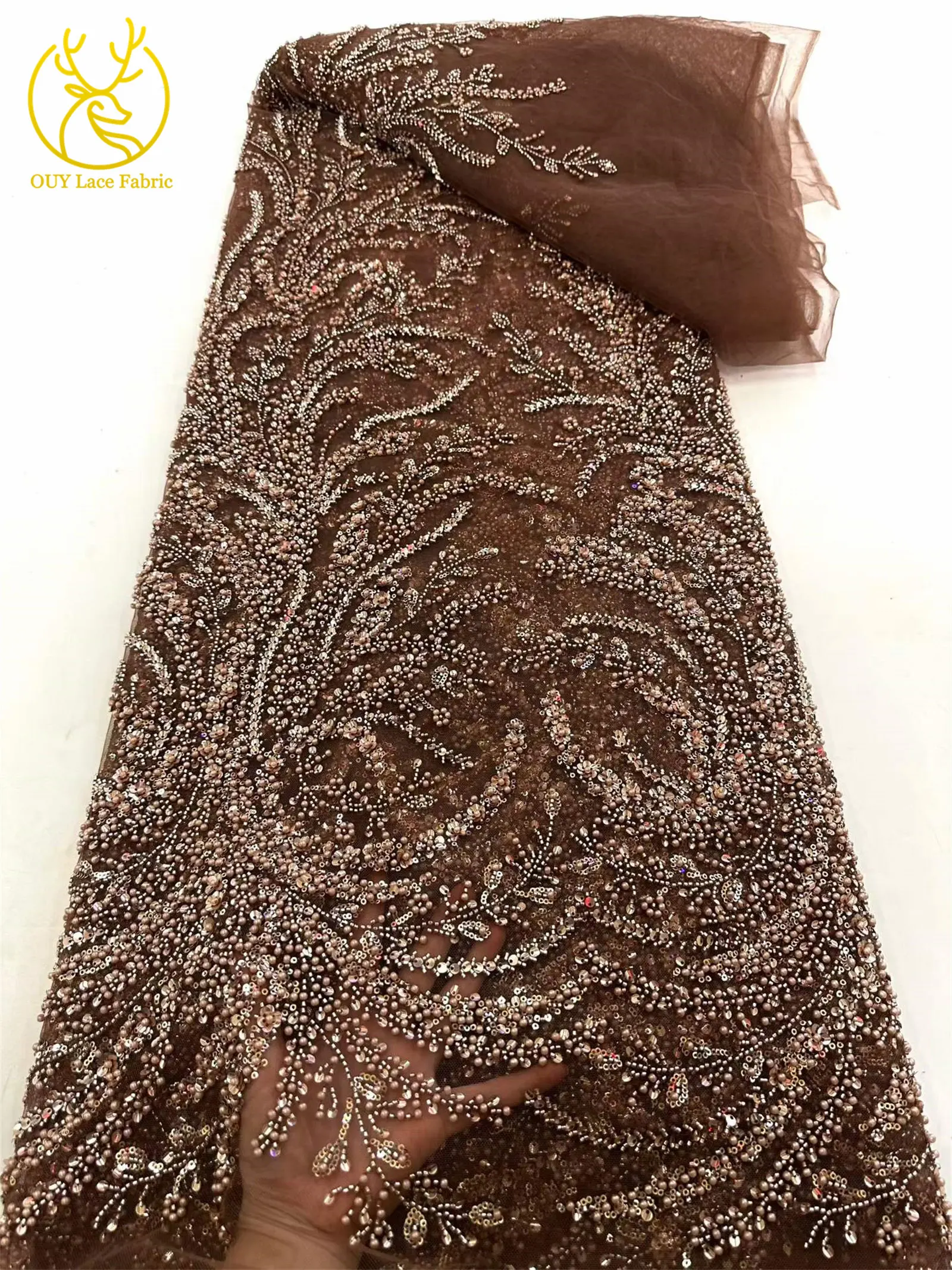Luxuriöser goldener afrikanischer Pailletten-Spitzenstoff, hochwertiger französischer bestickter Spitzenstoff mit Perlen, nigerianischer Spitzenstoff für Damen-Partykleider – Detail 16