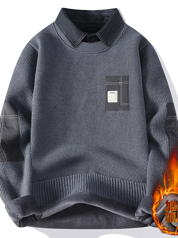 

Men's Faux Two-Piece Knitted Hoodie Thiened Fce Collared irt Inner Casual Sle Polyester Fiber Long Sve Warmth-Bui...