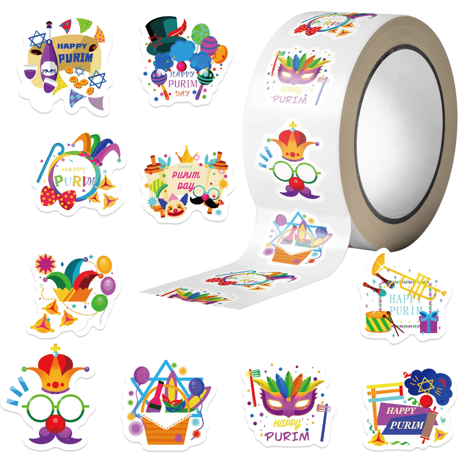 500 PCS Happy Purim Stickers Purim Day Colorful Clown Mask Drum Carnival Patterns for Bottle Phone Jewish Holiday DIY Decoration