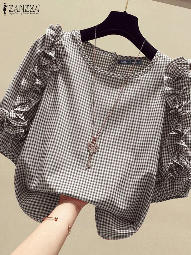 

ZANZEA 2025 Summer Women Vintage Blouse Casual Loose Blusas Ruffle Lantern 3/4 Sleeve Tops Round Neck Checked Tunics Femininas