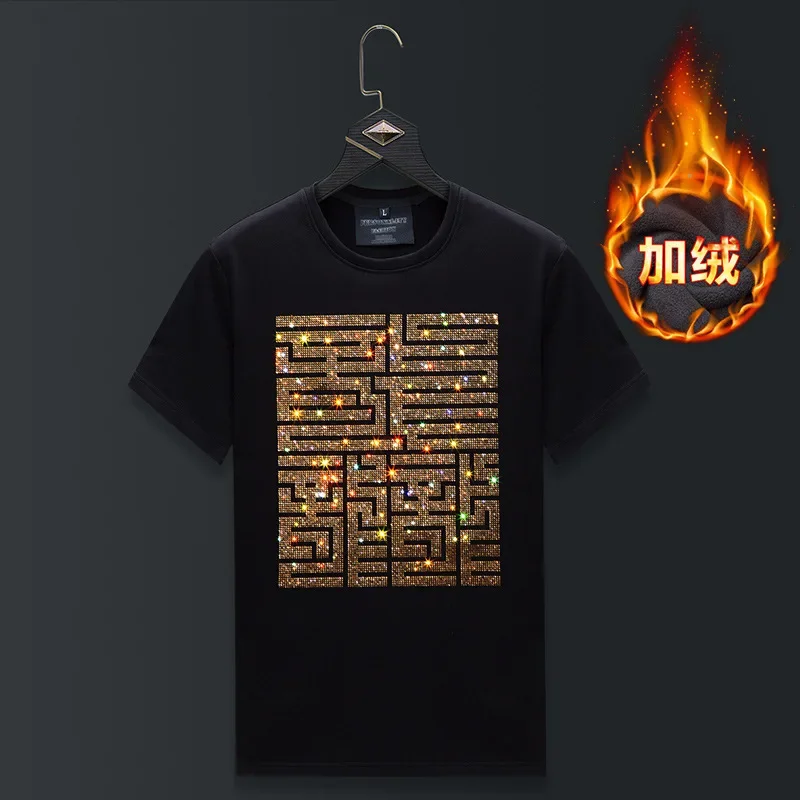 

Plus Size O Neck Short Sleeve T Shirts Men Winter Clothes Rhinestones Streetwear Thick Velvet Heat Tshirts Camiseta Masculina