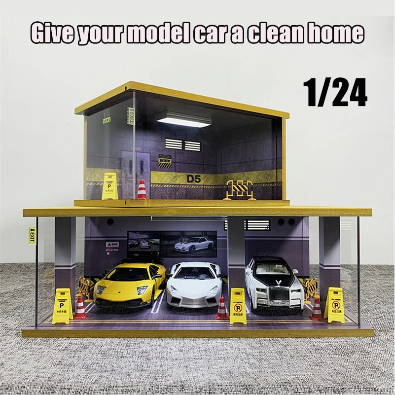 1:24 Car Garage Model Solid Wood Parking Lot Scene with Light Collection Decoration Acrylic Display Box