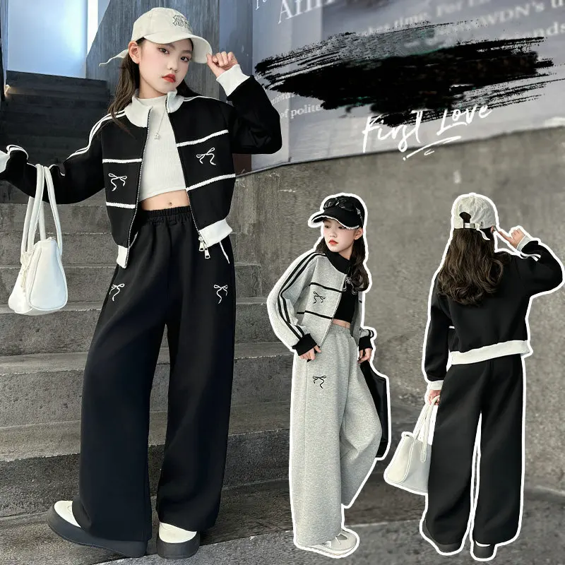 spring teen girls sports clothes suit Bow zipper jacket+casual wide leg pants 2pcs junior kids tracksuits set child outfits 4-14