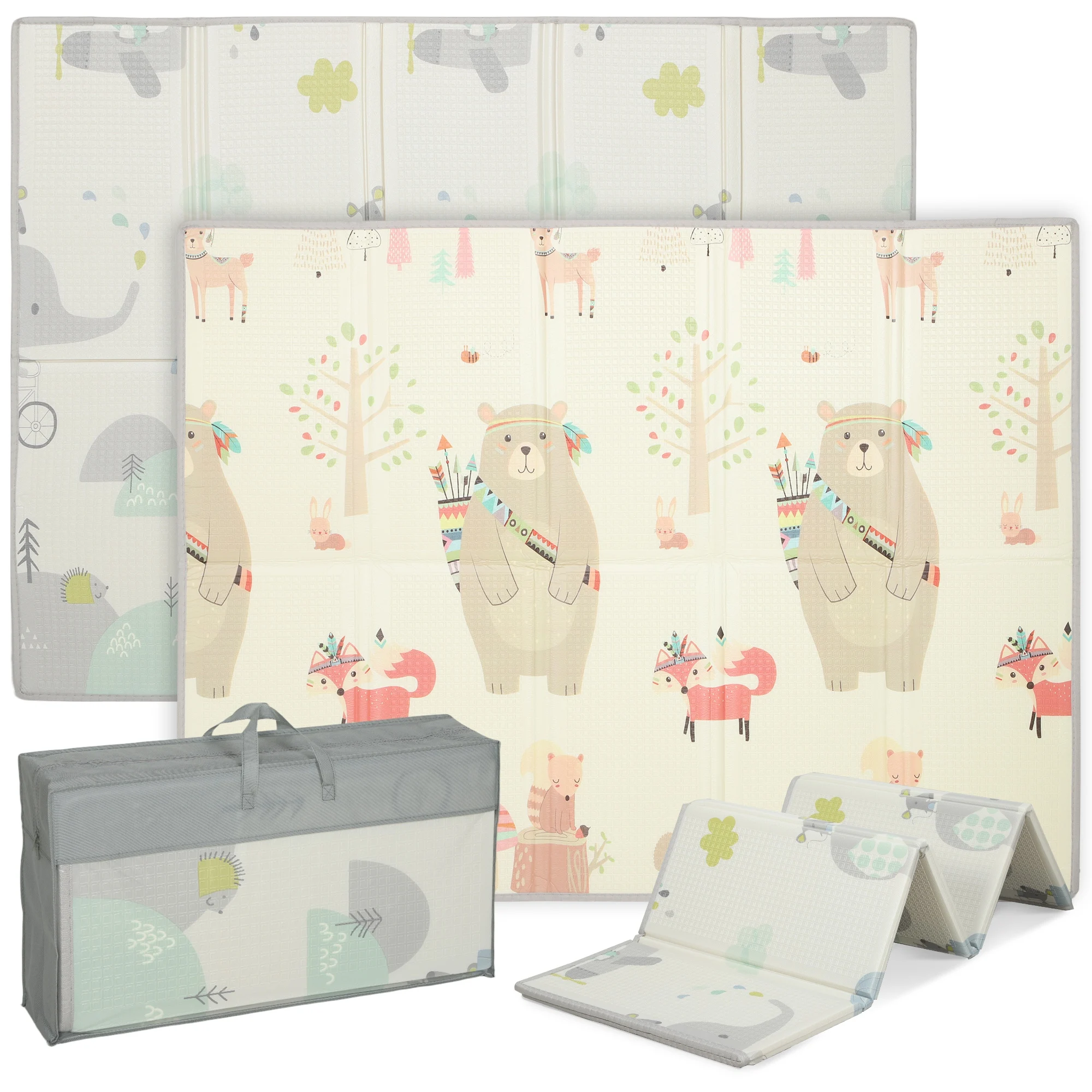 AIYAPLAY Tapis de jeu pour bébé pliable et réversible, 200 x 150 x 1,5 cm, tapis de sol en mousse épais, antidérapant et imperméable, motif d'animaux favorisant le développement sensoriel