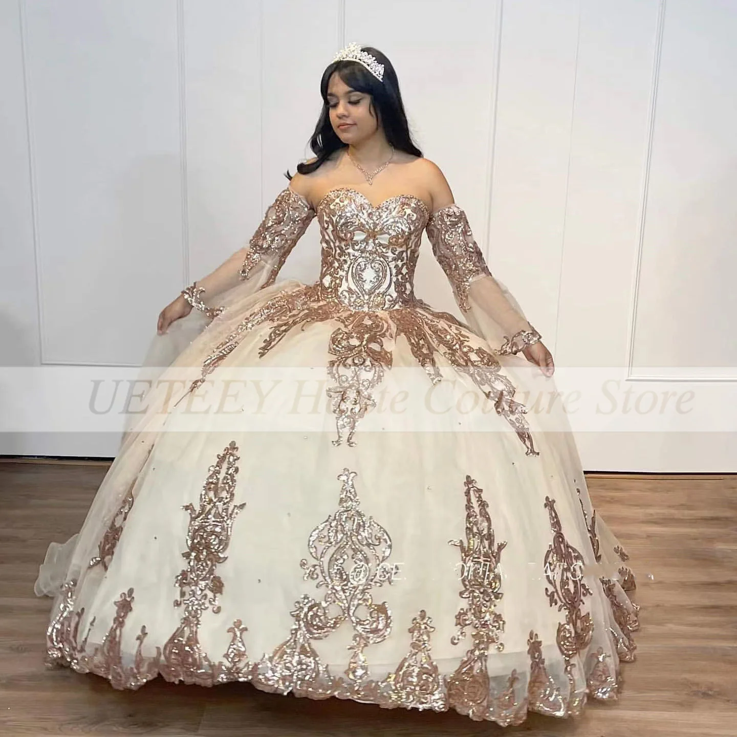 Vestidos de quinceañera champán 2022, apliques de lentejuelas, vestidos de baile de princesa, vestido de desfile, vestido de cumpleaños de niña mexicana