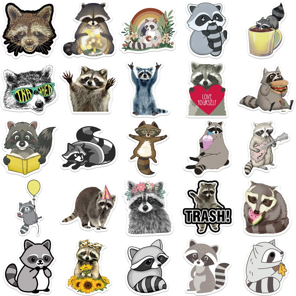 10/30/50PCS Cartoon Cute Animal Raccoon Children Sticker for Luggage Laptop IPad Journal Guitar Waterproof Sticker Wholesale