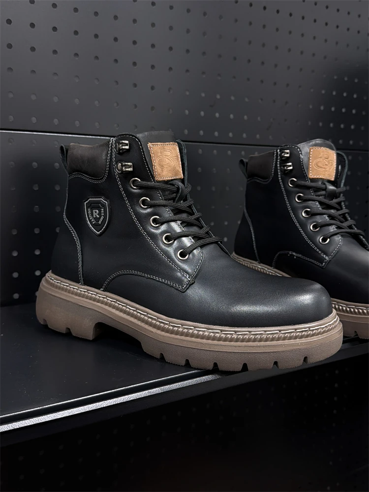 

Fashionable Full Top Layer Cowhide High Top Men's Boots Thick Bottom Anti-Slip Stylish Autumn Winter Leather Boots