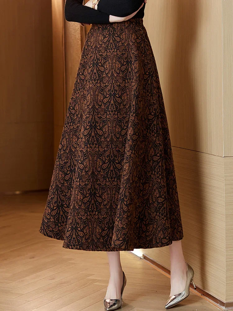 

Thickening Jacquard Vintage Winter Woollen Long Skirt Woman High Waist Casual Big Size A-Line Wool Saias Longas Female 4XL A223