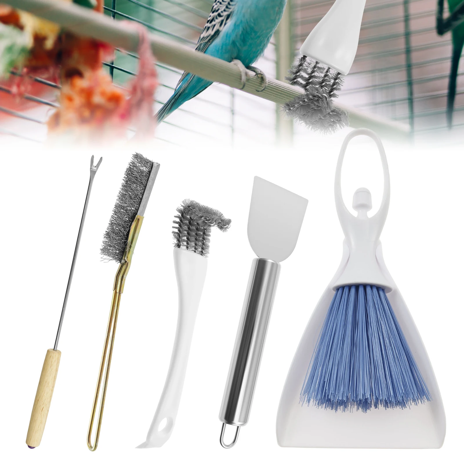 Juego de Herramientas limpiadoras de jaulas para pájaros, suministros prácticos de limpiador de jaulas para pájaros, removedor de caca de pájaros y raspador, 5 uds.