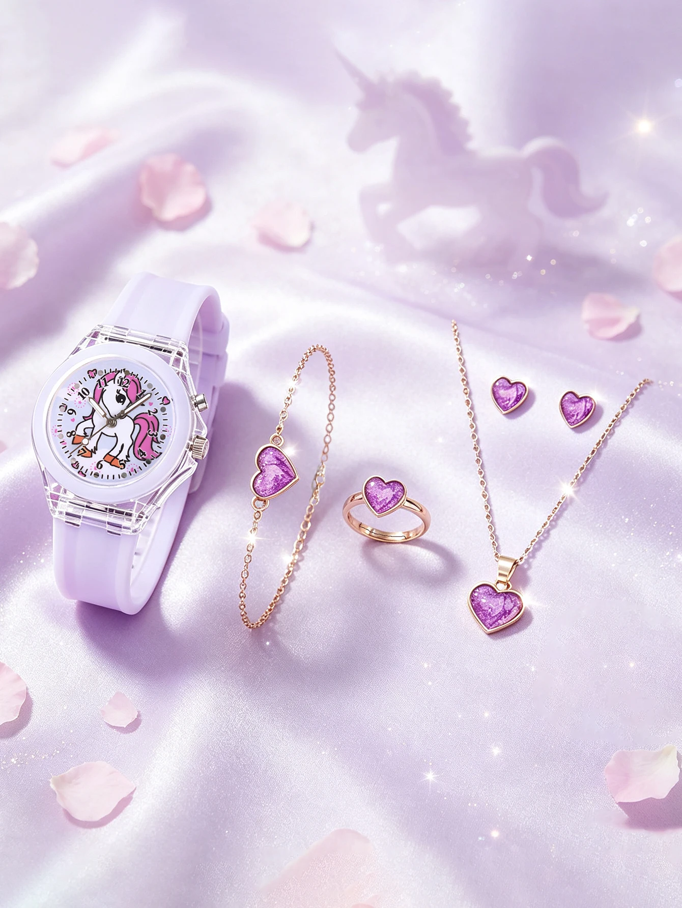 Purple Unicorn Silicone Children's Watch with Glowing Accessory Set Heart Shaped Design Kids Gift Watch And Jewelry Combo