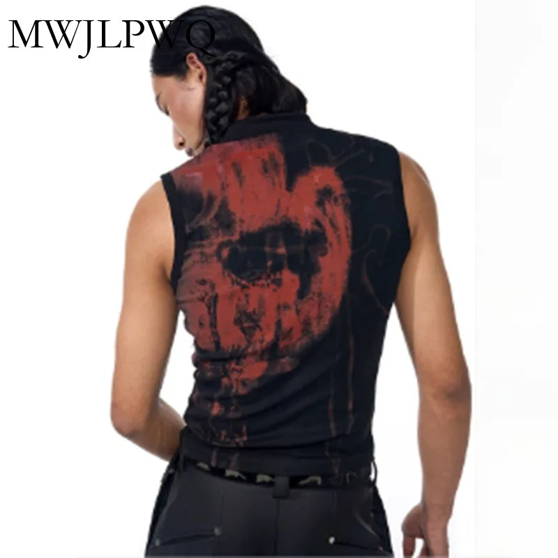 

MWJLPWQ American Slimming Fit Vest Men Street Summer Portrait Print Sleeveless T-Shirt Tide Half High Collar Top 2025 New 010988