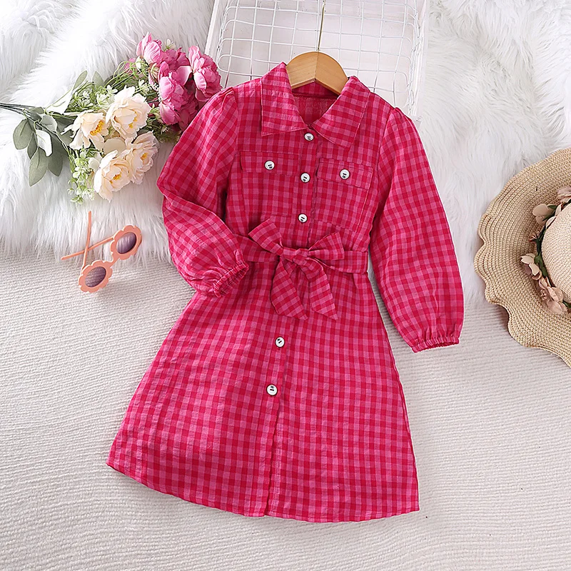 Dress Kids Girls 4-7 Years Girls Red Plaid Long-Sleeved Shirt Dress Stylish Girls Princess Baby Girl Dress