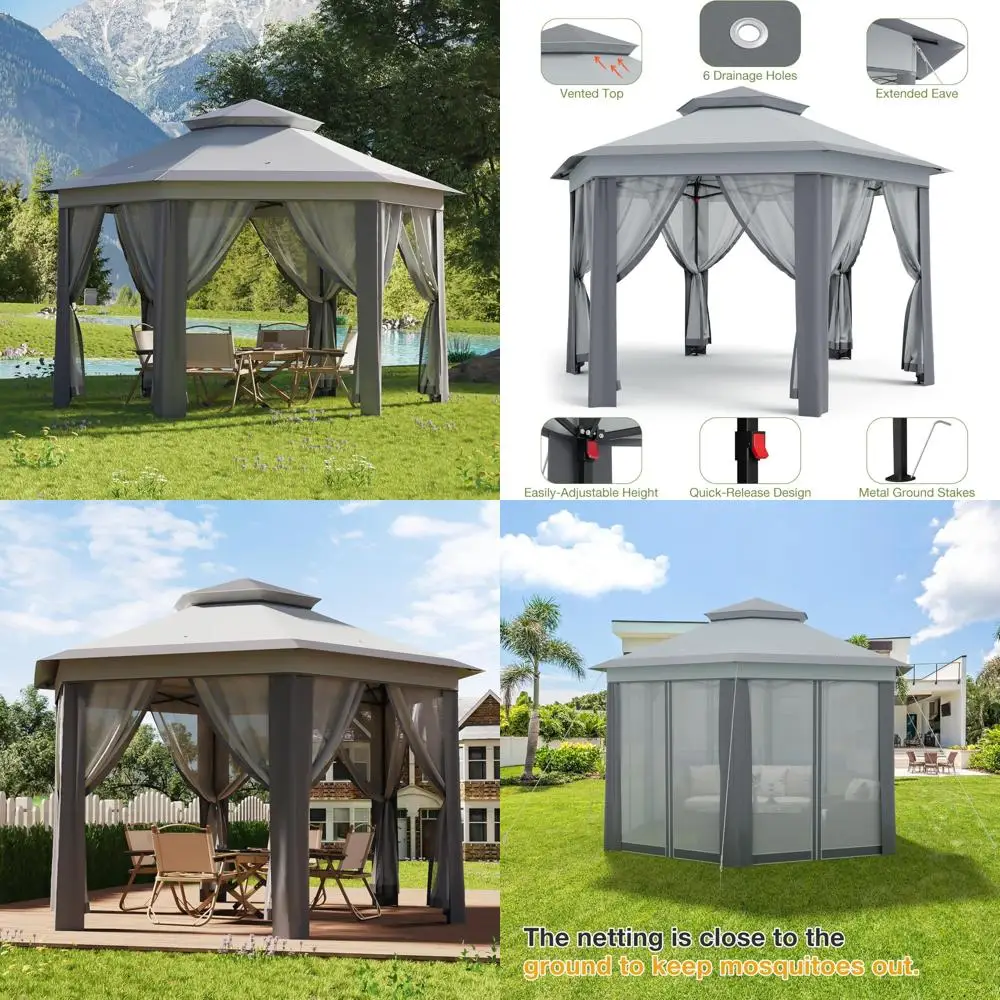 

13x13 Pop Up Gazebo Outdoor Hexagonal Canopy Tent with Mosquito Netting Sides Instant Patio Canopy Shelter, Rain & UV Resistant