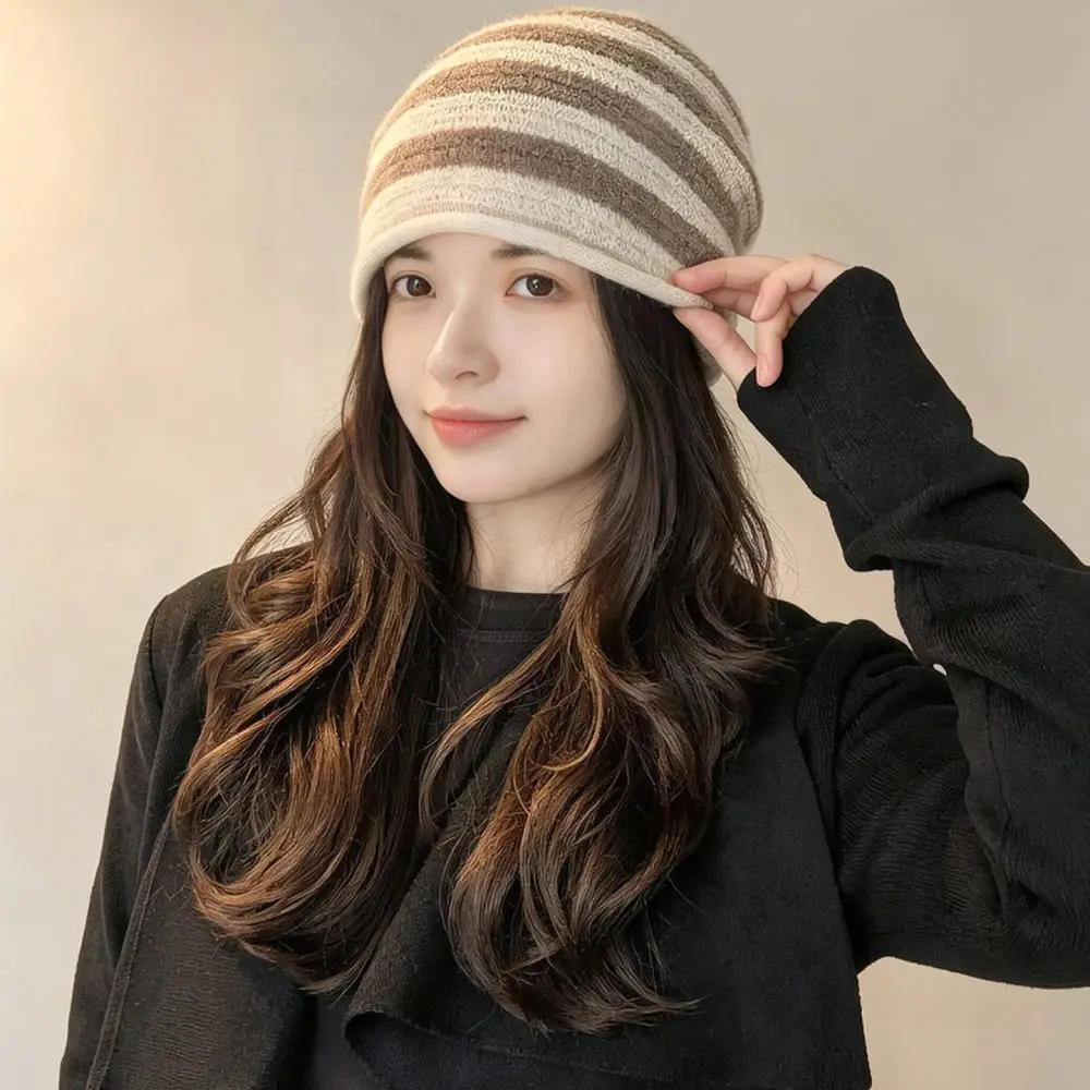 Fashionable Striped Beanie Hat Women Winter Warm Angora Blend Knit Cap Soft Elastic Slouchy Bonnet Casual Daily Outdoor Wear