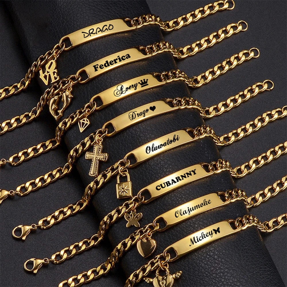 

Браслет с именем на заказ, персонализированный гравированный браслет с именем, крест, сердце, нержавеющая сталь, для мужчин и женщин, регулируемая кубинская цепь, ювелирные изделия