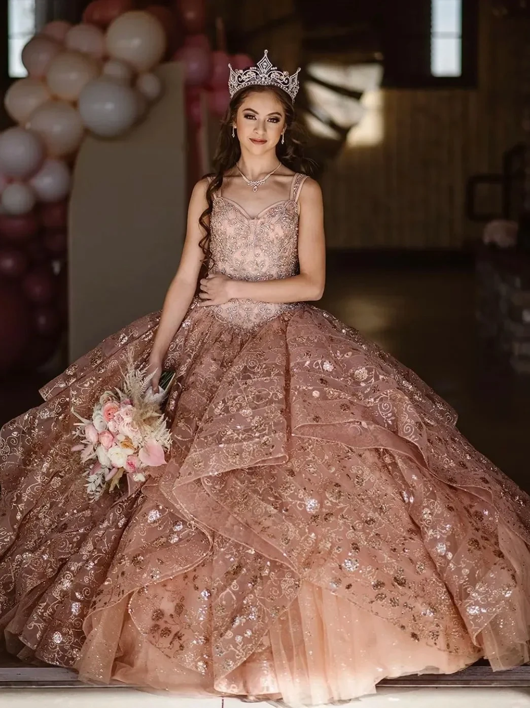 Customized Temperament Sparkling Luxury Rose Gold Quinceanera Dresses Sequins Beading Sleeveless Square Neck Fashion Ball Gown