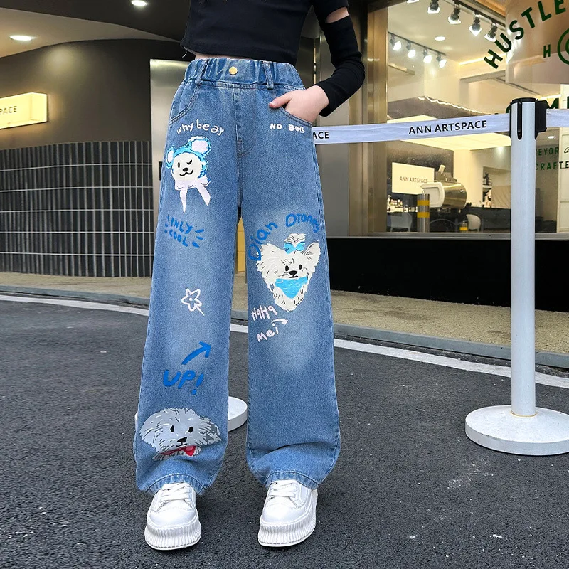 

Spring Autumn Teenager Girls Denim Wide Leg Pants Children Baggy Trousers New Fashion Cartoon Pattern Kids Blue Jeans 4-14 Years