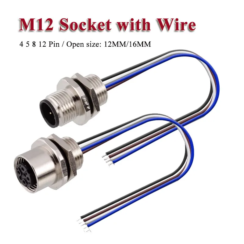 مقاوم للماء M12 4 5 8 12 دبوس مقبس الطيران مع سلك 20 سنتيمتر IP68 ذكر موصل سالب كابل مفتوح 12 مللي متر/16 مللي متر لوحة جبل مآخذ