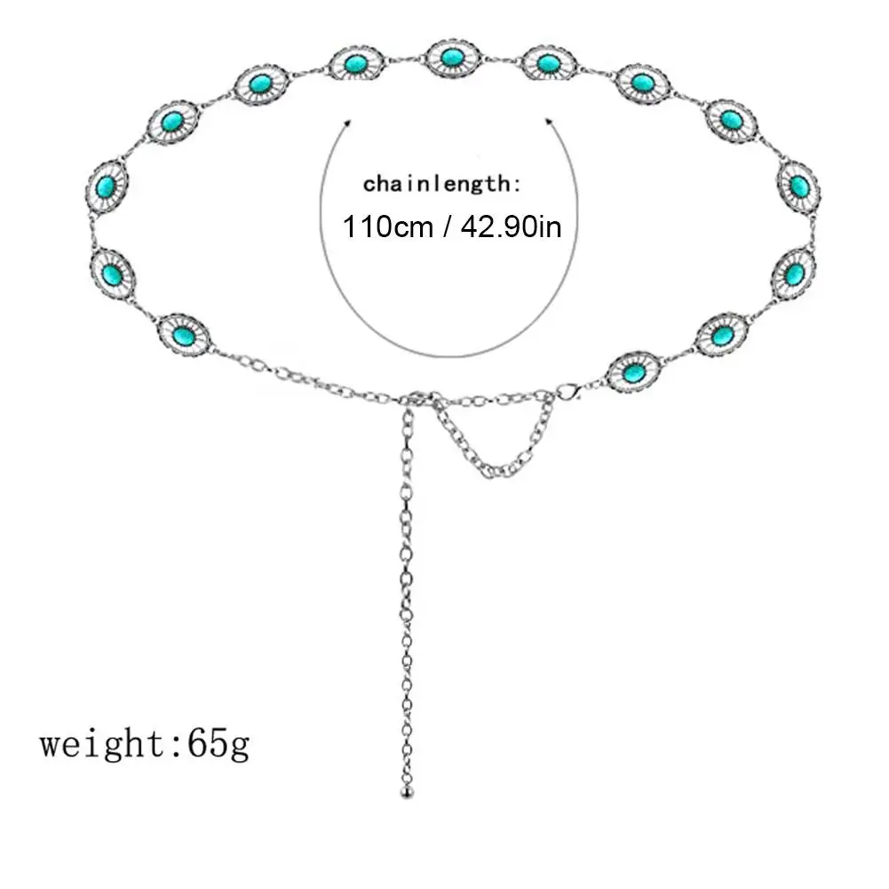 กางเกงยีนส์สไตล์ตะวันตกสำหรับผู้หญิง, สไตล์วินเทจสไตล์โบโฮเข็มขัดโลหะสีเทอร์ควอยซ์สลักเป็นชุดอุปกรณ์ตกแต่งกางเกงยีนส์