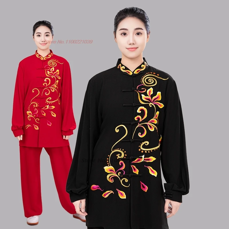 

2025 chinese vintage kung fu tai chi martial arts taijiquan wushu training exercise practice flower embroidery tops+pants set