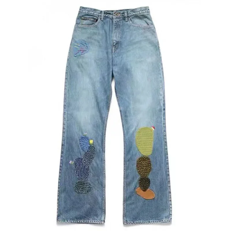 New Arrival Kapital Hirata and Hiroshi Retro Denim Boot Cut Pants Splice Fabric Wash Water Patch Embroidery Trendy Jeans for Men