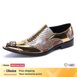 Men's Metal Tip Genuine Leather Dress Shoes Snakeskin Handmade Pointed Toe Oxford for Evening Party Wedding Sexy Gold Hairdress