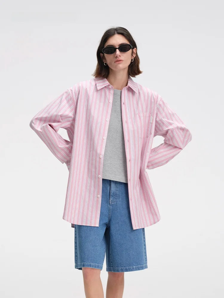 

SEROOM Loose Fit Striped irt Turn-down Collar Street Sle Cotton Long Sve Mid-Length Casual Women's Faion