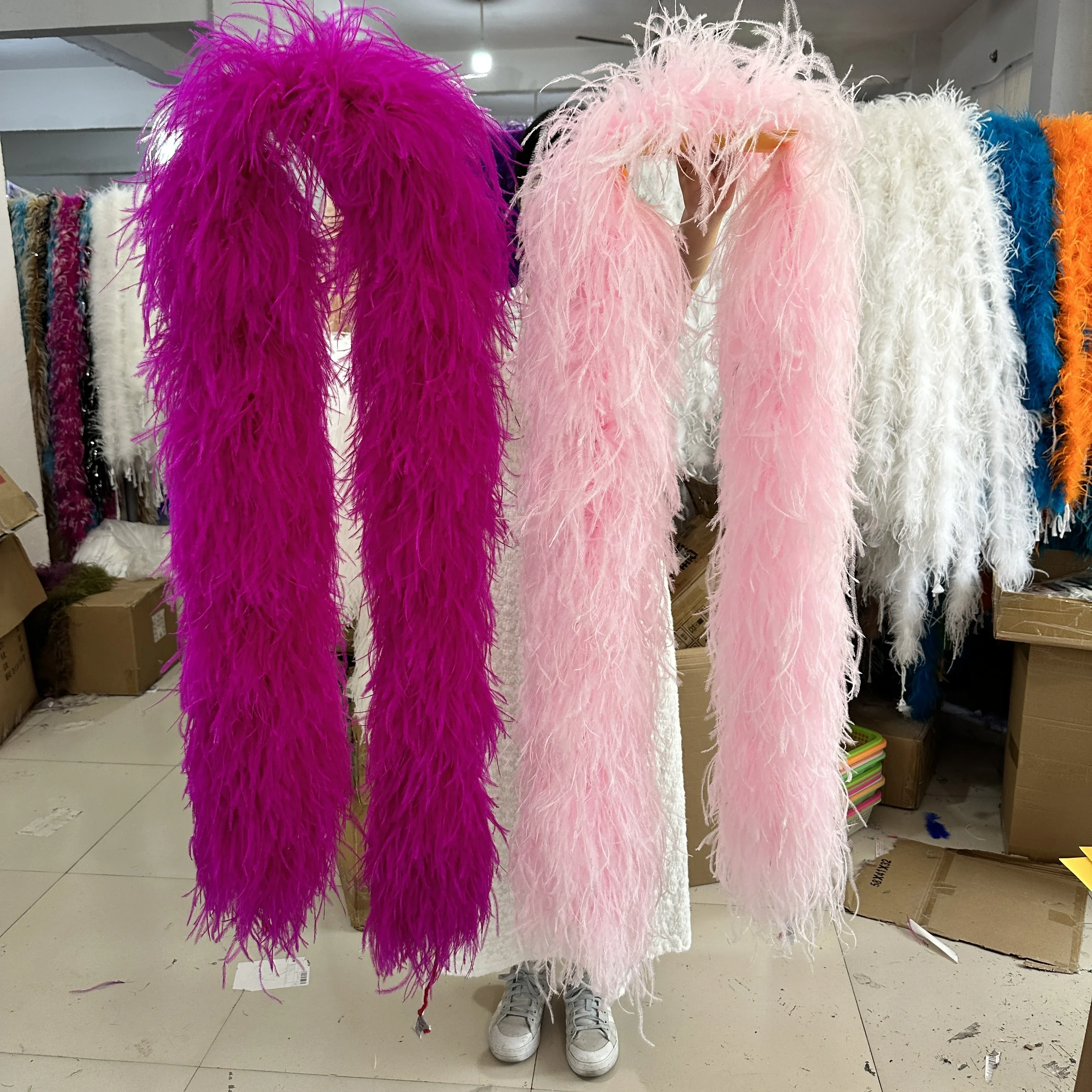 1 2 3Meters Pink Thick Ostrich Feathers Boa 10 20ply High Quality Plumas Shawl Scarf for Craft, Party Clothing Sewing Decoration