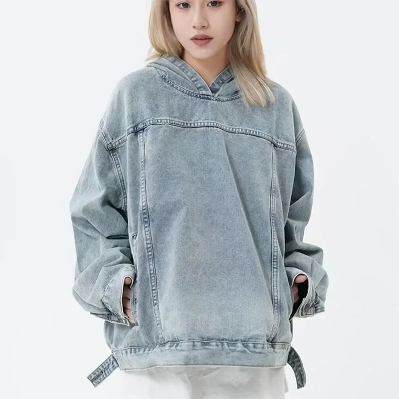 Spring Autumn Women Denim Hoodies Harajuku Streetwear Ladies Jean Pullover Tops Vintage Couple Long Sleeve Hooded Sweatshirts