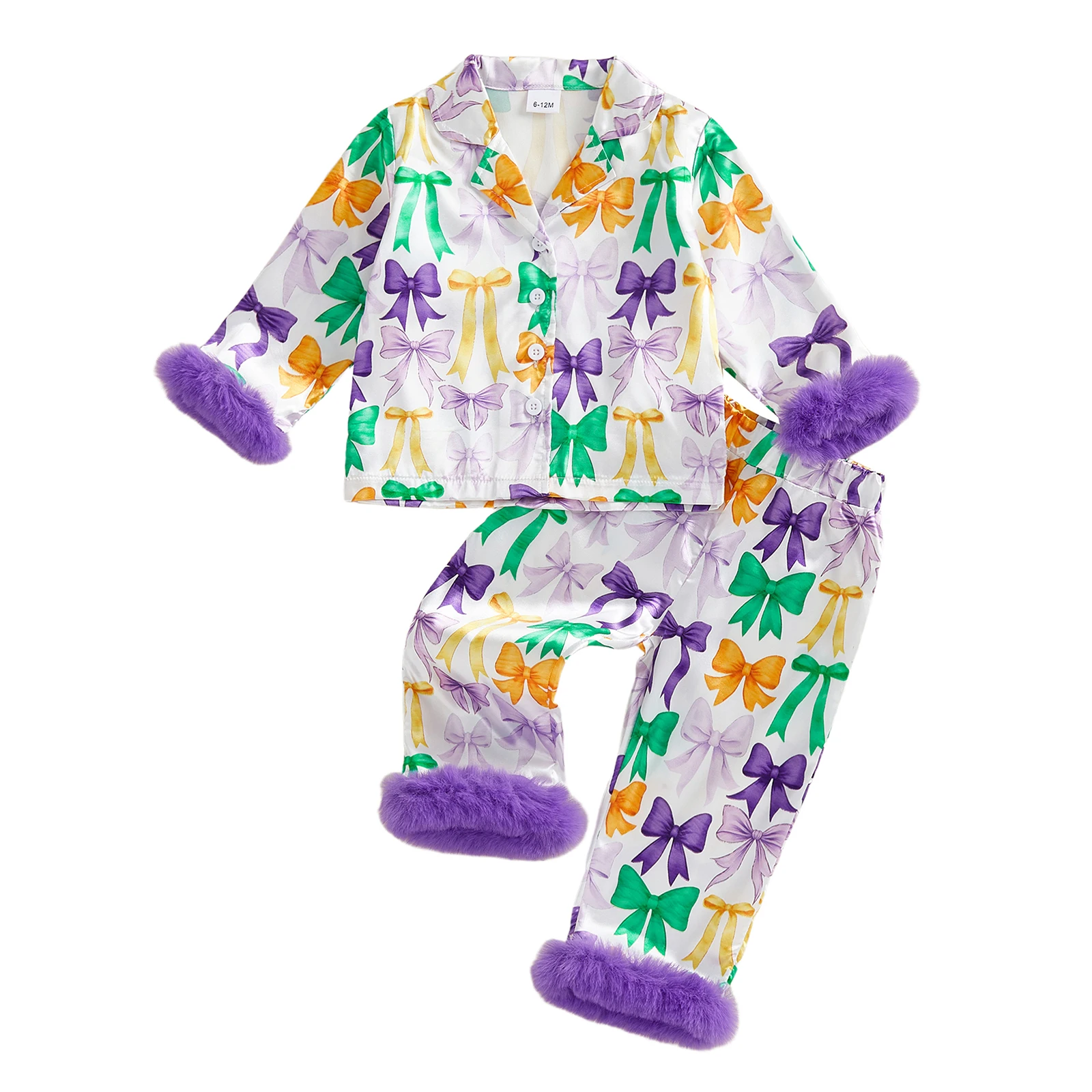 طقم بيجامة رائع للأطفال الأولاد MardiGras مع طباعة ملونة وحواف فرو مريحة - بلوزات وسراويل متطابقة مع أزرار سفلية