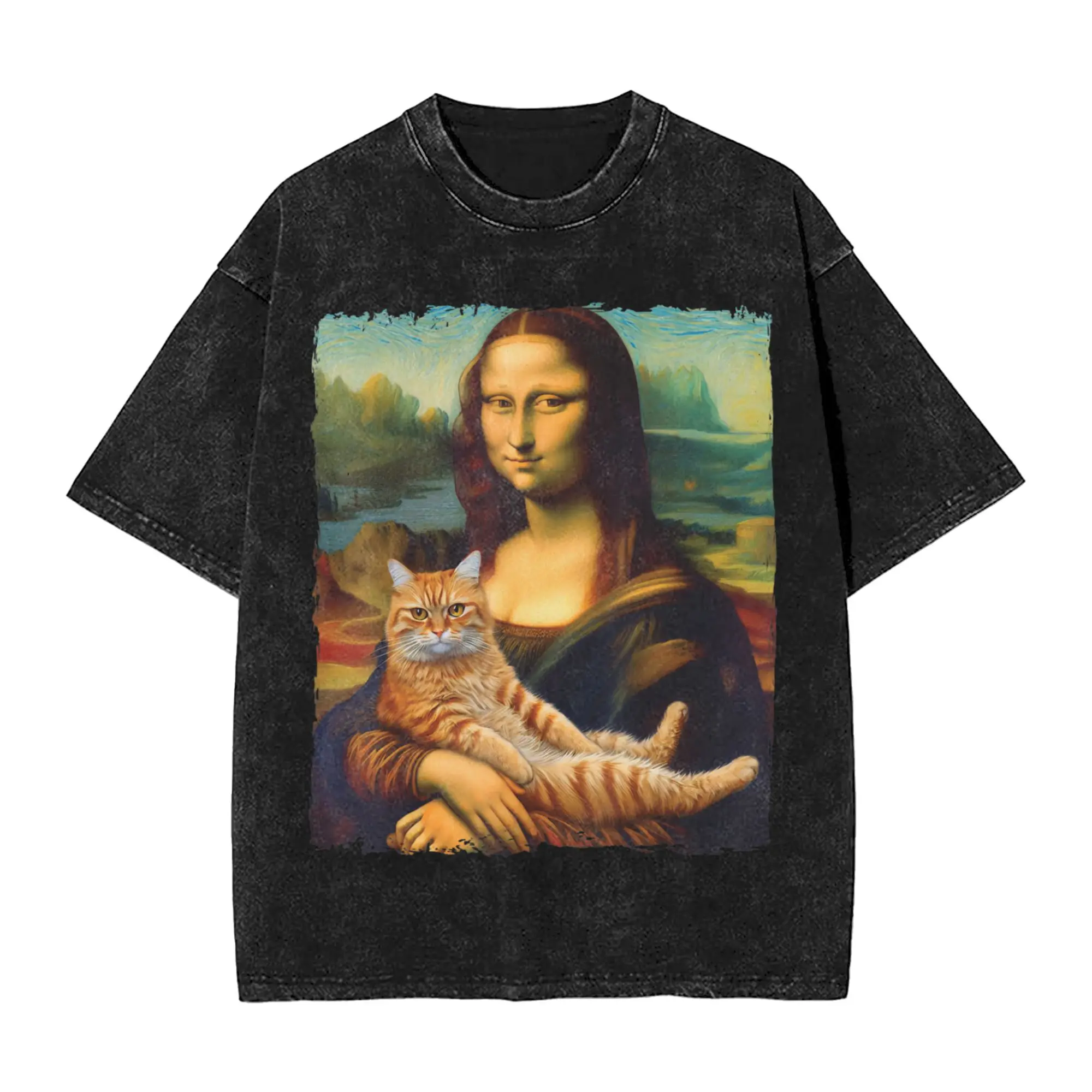 Mona Lisa Holding Cat Kitty for Cats Lover Cat Dad Cat Mom T Shirt Male  Y2K Retro Cotton T-Shirts Summer Harajuku Tee Shirt