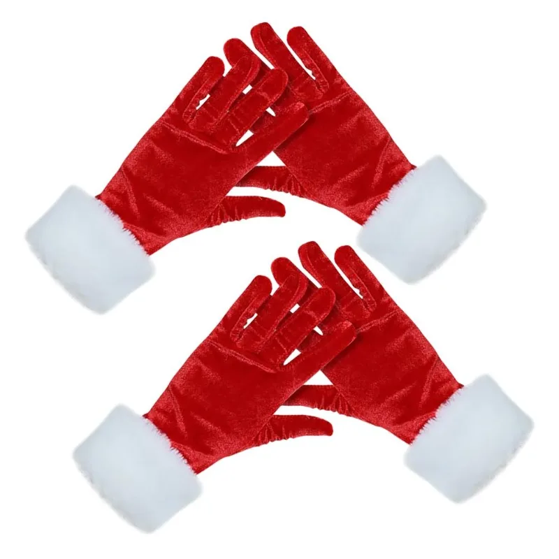 Women Red Velvet Gloves with White Plush Cuff Christmas Party Cosplay Costume Stage Performance Photo Prop Winter Accessory Warm