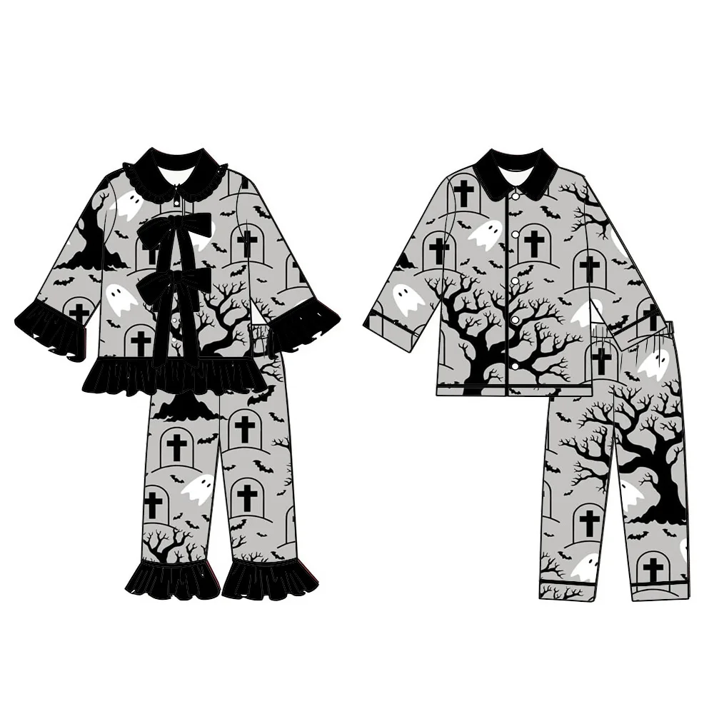 Boutique children's set Halloween Ghost Spider Web Bat print lapel long-sleeved trousers bow decoration ruffle girls boys pajama