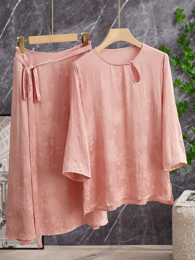 

Elegant Pink Shirt A-Line Skirt Set Dreamy Fashion Chinese Style Long Sleeve round Neck Two-Piece Women's Suit