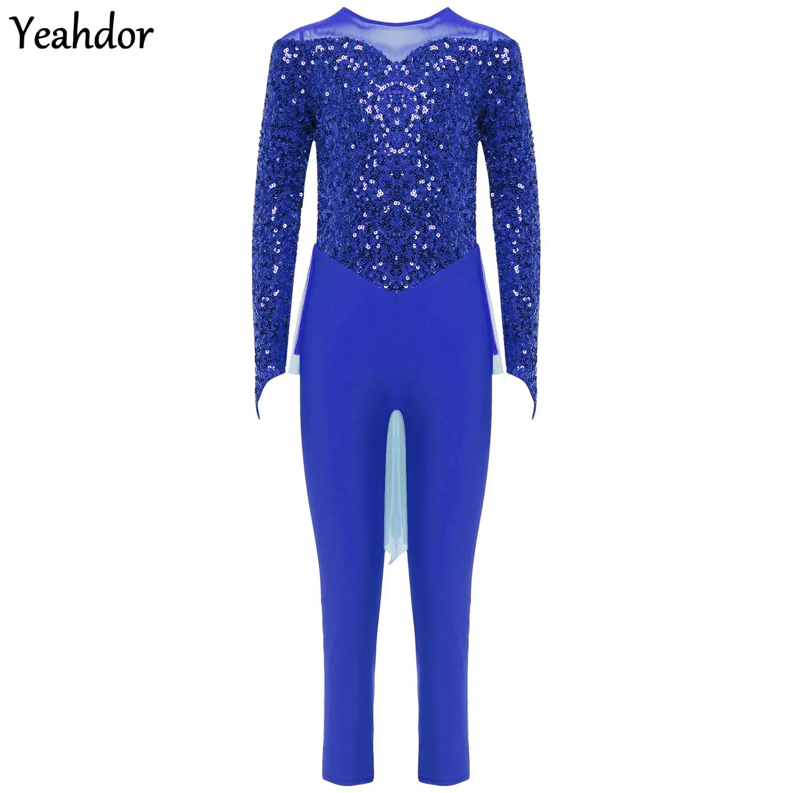 

Girls Long Sleeve Ankle Length Ballet Leotard Shiny Sequins Gymnastics Dance Jumpsuit Figure Skating Skirted Bodysuit Unitards