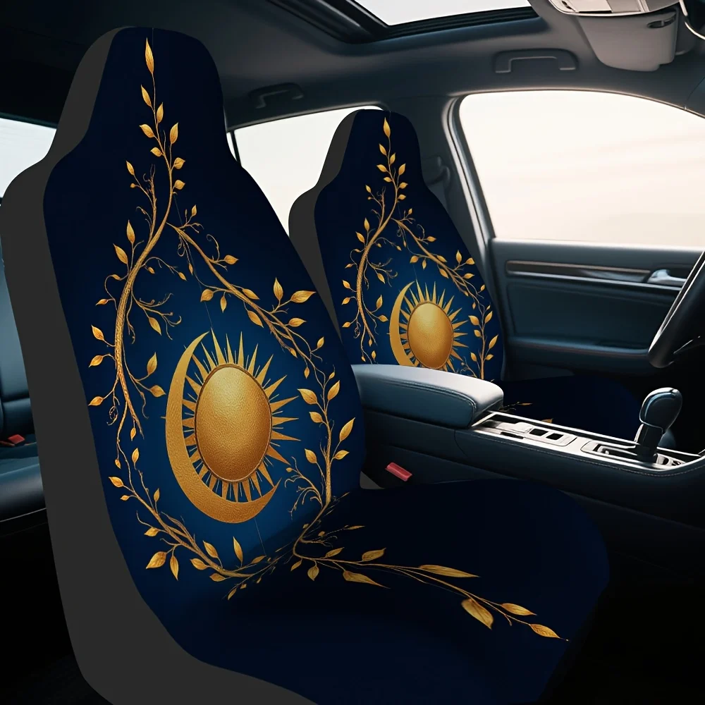 2pcs Elegant Bohemian Golden Moon Mandala Car Seat Covers - Deep Navy & Golden Leaf Pattern, Fit For Single Front Seats, Durable