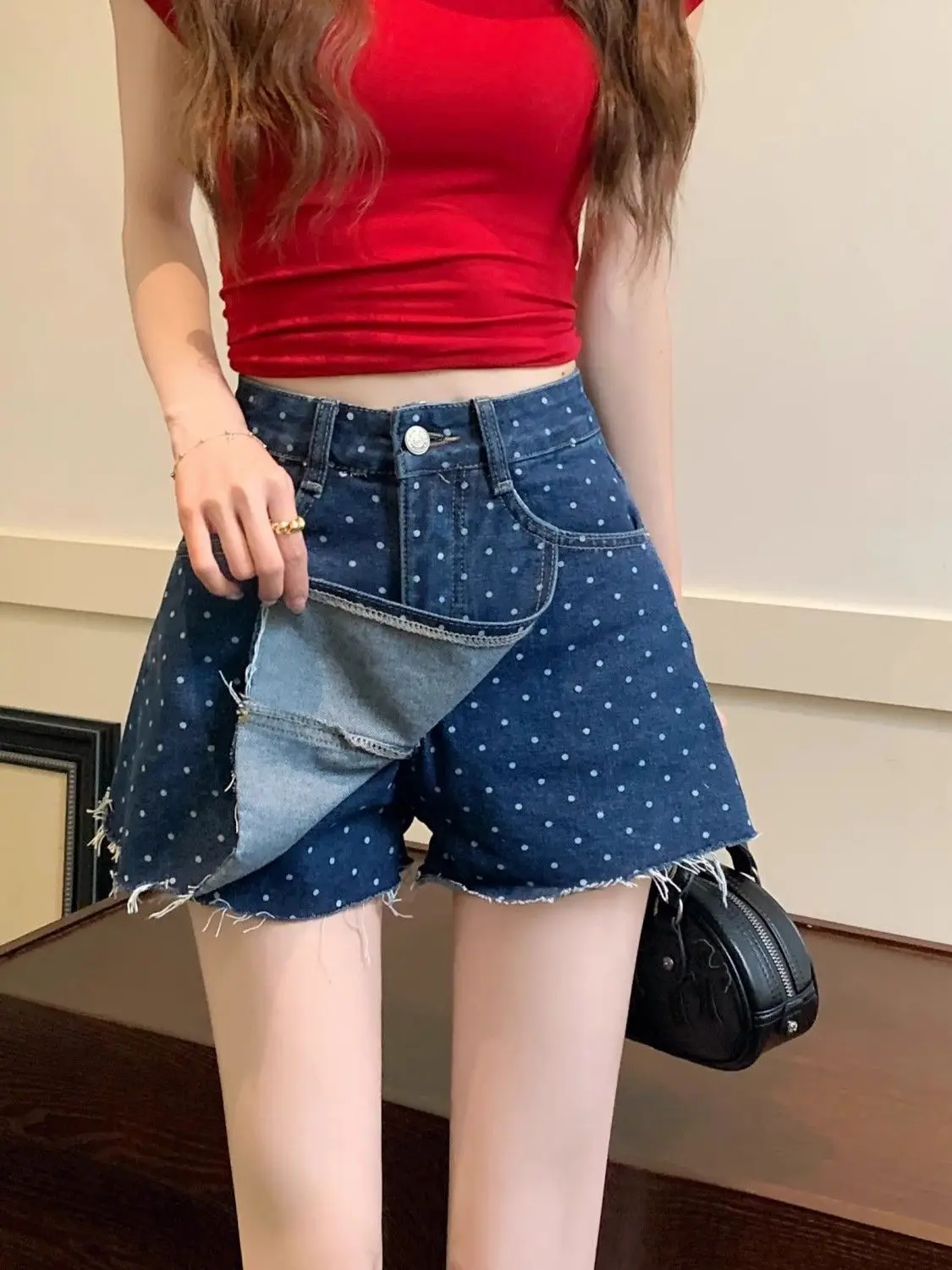 2024 Summer New Design Sensational Wave Dot Denim Shorts Women's Large Retro Ragged Edge High Waist A-line Skirt