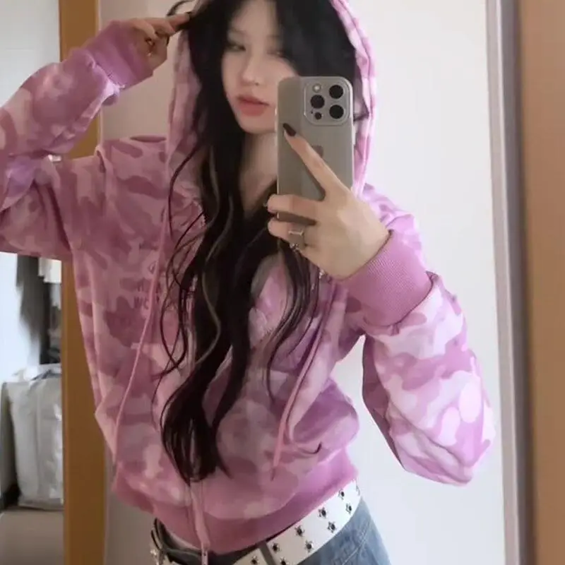 

Мода Harajuku Y2K уличная одежда американские женщины камуфляжный кардиган с капюшоном толстовки сексуальные популярные девушки ретро короткие топы куртка