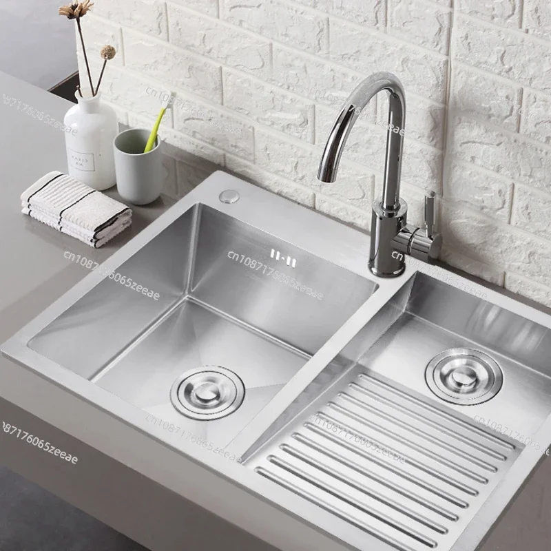 304 Stainless Steel Manual Laundry Sink with Washboard 90*48*22cm Integrated Balcony Laundry Tub Slot Thickened Double Bowl