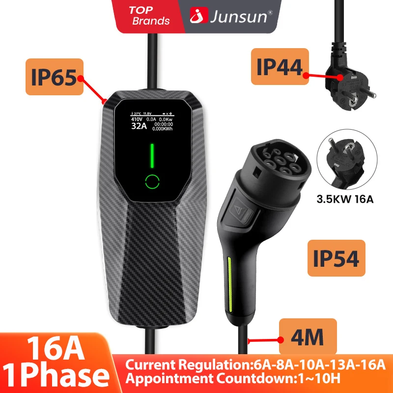 Cargador para Vehículos Eléctricos Junsun Tipo 2, IP65, Carga Rápida de 3.6KW/7KW/11KW/22KW, 6A/8A/10A/13A/16A/20A/24A/32A, Ajustable, Portátil, con Control Táctil, Temporizador, Carga Programada, Resistente a la Intemperie, Garantía de 2 Años, Compatible con Todos los Vehículos Eléctricos Tipo 2