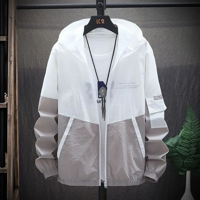 

Sunscreen Clothing Summer Skin Coats Men Ultra Light UV Sun Protection Big Size Hooded Windbreaker Jacket Striped Casual Outwear