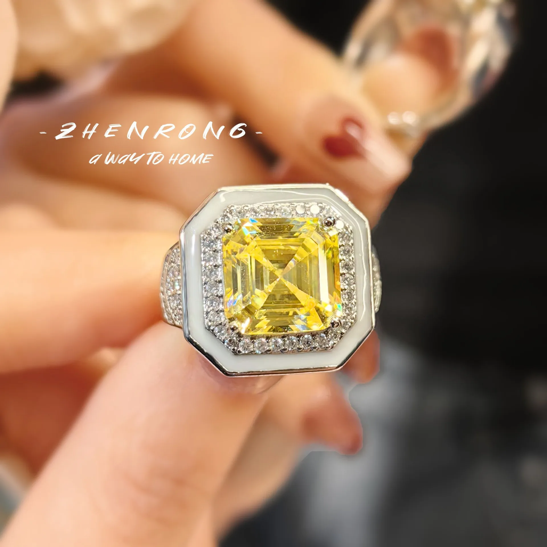 

Luxury Elegant Lady's Yellow Cubic Zirconia Rings Fashion Silver Color White Enamel Wedding Ring Eternity Jewelry 2024 New Hot
