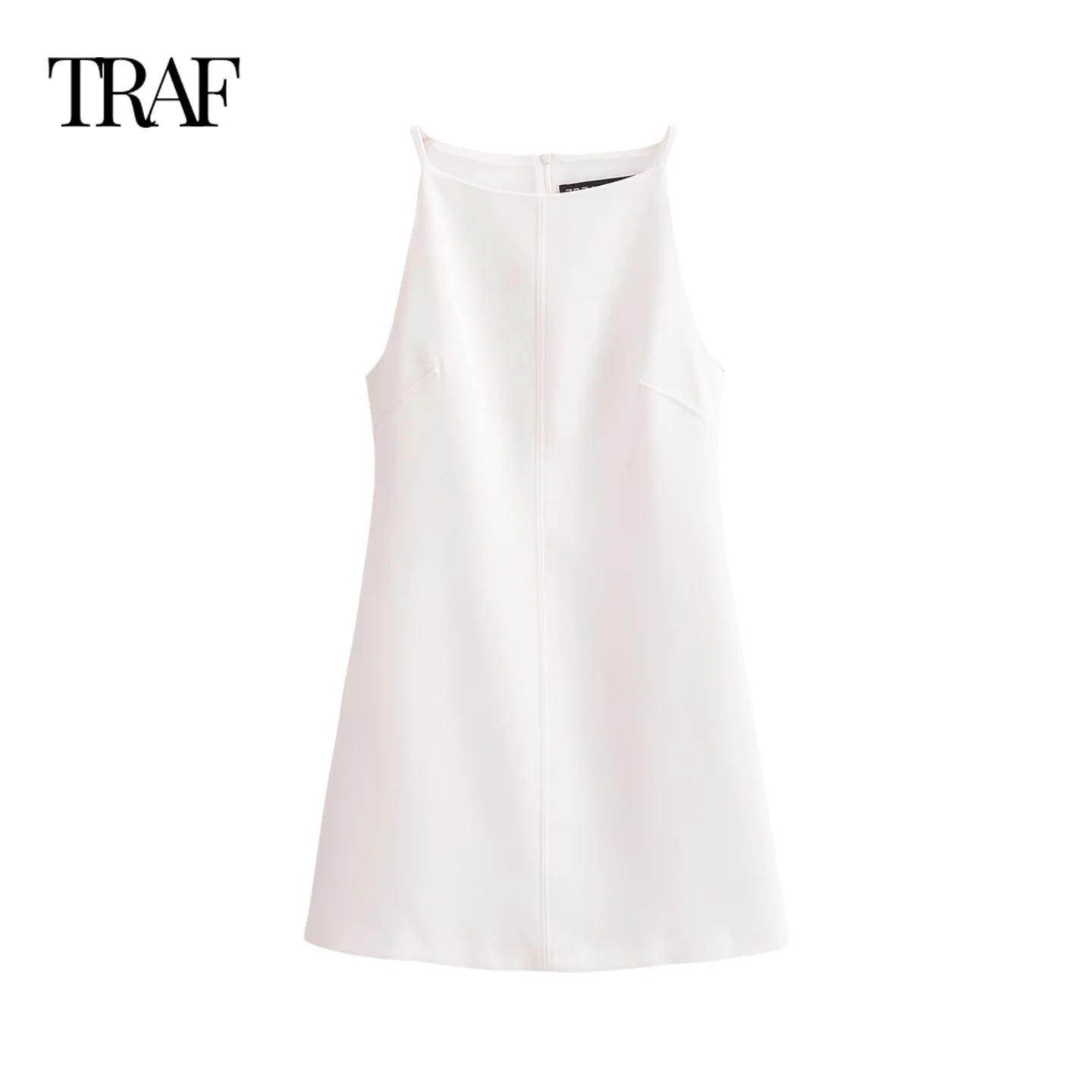 TRAF Women Fashion Summer New Solid Color Sling Back Zipper O-Neck Vest Short Dress Chic Female White Sleeveless Evening