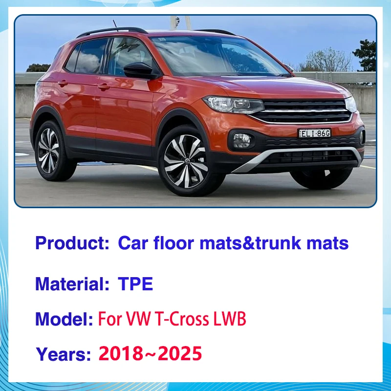 ل Volkswagen T-Cross اكسسوارات VW TCross LWB C11 2018 ~ 2025 سيارة الكلمة حصيرة الأوساخ مقاومة الطين السجاد كامل TPE وسادة للقدم وسادة #2