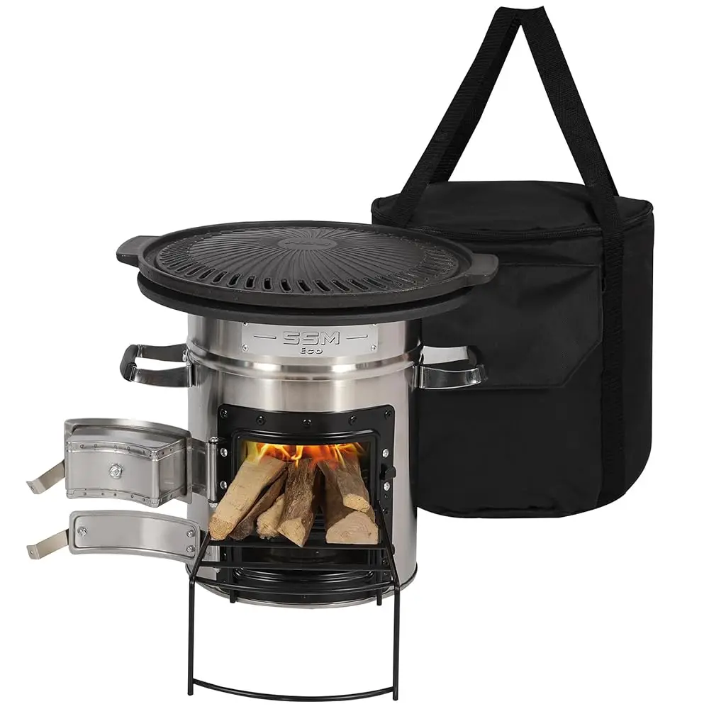 

Camping Rocket Stove With Grill Pan For Cooking, Portable Stainl Steel Wood Stove With Carry Bag For Backpacking Hiking