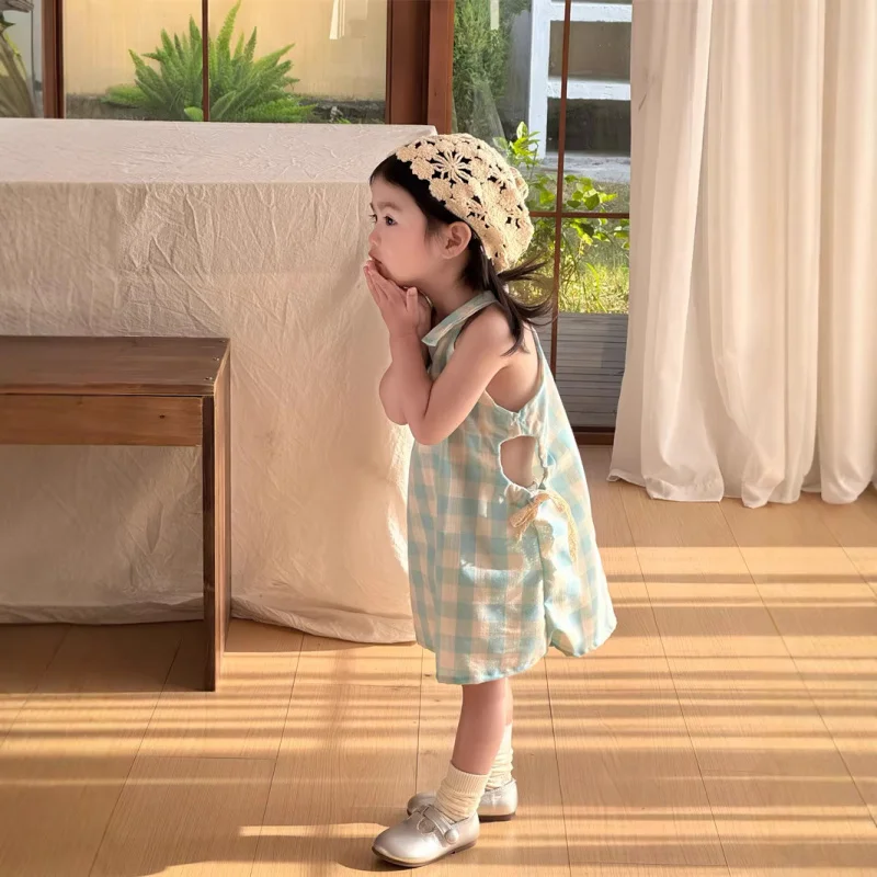 Be careful2026Girls' Summer Sweet Blue Plaid Sleeveless Dress with Waist Cutout, Tank Dress, Princess Dress