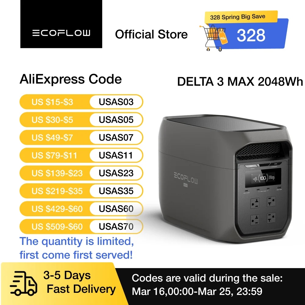 

Портативная электростанция ECOFLOW DELTA 3 MAX Dark, выходная мощность 3400 Вт с технологией X-Boost, сверхбыстрая зарядка от 0 до 80% за 1,13 часа