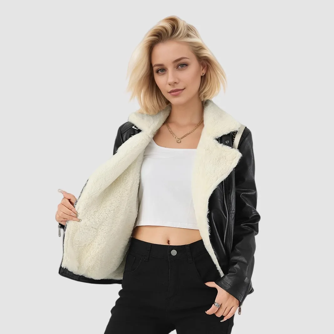 Zimowa nowa damska kurtka ze skóry shearling w dużych rozmiarach |   Modna, gruba marynarka z kołnierzem w stylu europejskim, elegancka odzież wierzchnia do pracy.