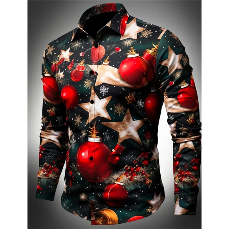 Men Fashion Long Sleeve Button‑Up Shirt Xmas Santa Snow Scene Graphic Print New Year Gathering Party Top